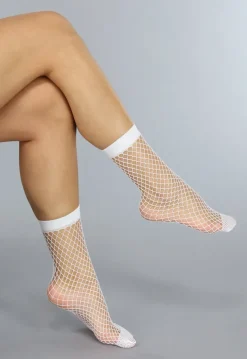 Witte Korte Pantykousen met Klein Fishnet Patroon