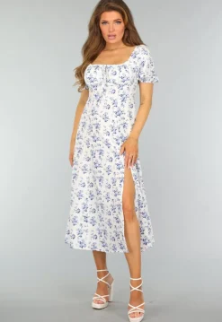 Witte Lange Jurk met Blauwe Bloemenprint en Split