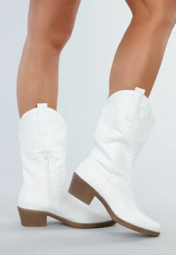 Witte Leatherlook Westernlaarzen met Rechte Hak
