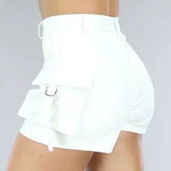 Witte Lederlook Cargo Short met Hoge Taille
