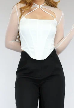 Witte Longsleeve Korset Top met Mesh Mouwen