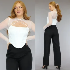 Witte Longsleeve Korset Top met Mesh Mouwen
