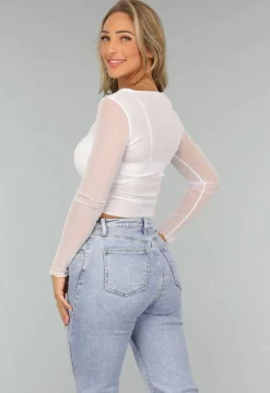 Witte Longsleeve Mesh Crop Top