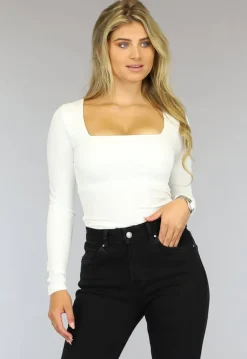 Witte Longsleeve Top met Vierkante Hals