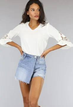 Witte Losse Blouse met Gehaakte Mouwen