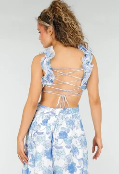 Witte Maxi Jurk met Blauwe Bloemenprint en Ruches