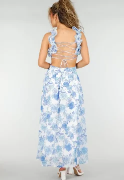 Witte Maxi Jurk met Blauwe Bloemenprint en Ruches