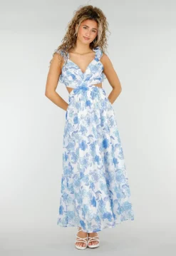 Witte Maxi Jurk met Blauwe Bloemenprint en Ruches