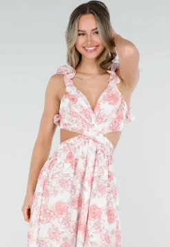 Witte Maxi Jurk met Roze Bloemenprint en Ruches