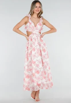 Witte Maxi Jurk met Roze Bloemenprint en Ruches
