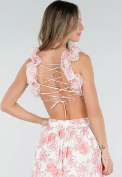 Witte Maxi Jurk met Roze Bloemenprint en Ruches