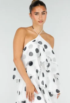 Witte Maxi Jurk met Zwarte Stippen en Volants