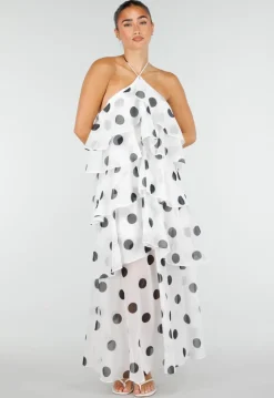 Witte Maxi Jurk met Zwarte Stippen en Volants