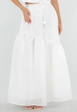Witte Maxi Rok met Strikceintuur en Volant
