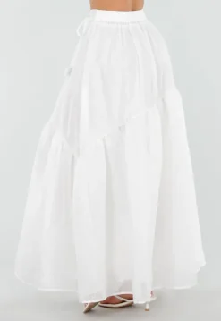Witte Maxi Rok met Strikceintuur en Volant