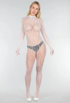 Witte Mesh Bodystocking met Lange Mouwen en Stretch