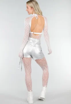 Witte Mesh Bodystocking met Lange Mouwen en Stretch