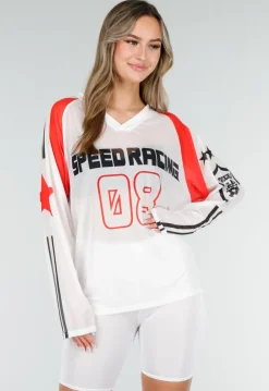 Witte Mesh Jersey Top met Lange Mouwen
