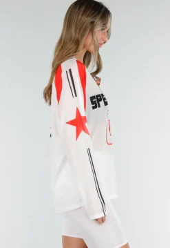 Witte Mesh Jersey Top met Lange Mouwen