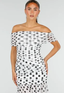 Witte Mesh Polkadot Maxi Jurk met Split