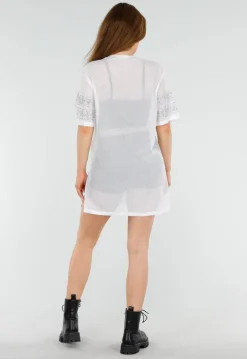 Witte Mesh T-Shirtjurk met Zilveren Glitters en Jerseyprint