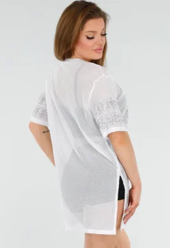 Witte Mesh T-Shirtjurk met Zilveren Glitters en Jerseyprint