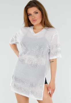 Witte Mesh T-Shirtjurk met Zilveren Glitters en Jerseyprint