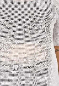 Witte Mesh T-Shirtjurk met Zilveren Glitters en Jerseyprint