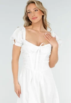 Witte Midi Jurk met Pofmouwen, Vetersluiting en Strikkoord