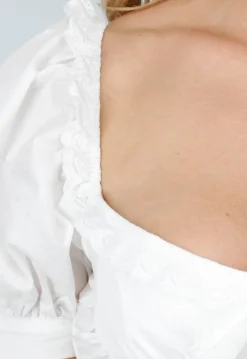 Witte Midi Jurk met Pofmouwen, Vetersluiting en Strikkoord