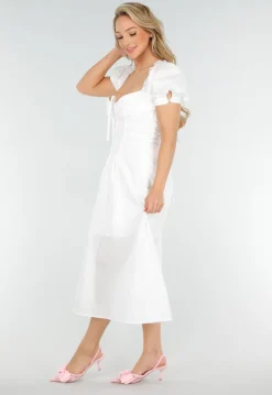Witte Midi Jurk met Pofmouwen, Vetersluiting en Strikkoord