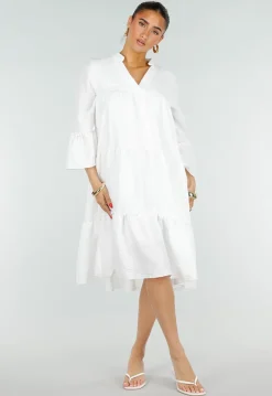 Witte Midi Jurk met V-hals en Ruffle Details