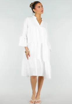 Witte Midi Jurk met V-hals en Ruffle Details