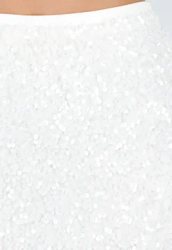Witte Midi Rok met All Over Pailletten en Subtiele Uitlopende Zoom