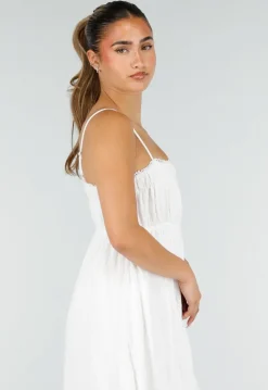 Witte Mousseline Maxi Jurk met Spaghettibandjes en Smokdetail