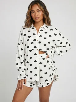 Witte Mousseline Two Piece met Zwarte Hartjes en Ruffles