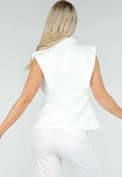 Witte Mouwloze Blazer Top met Knopen en Reverskraag