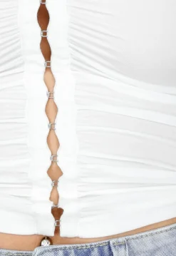 Witte Mouwloze Crop Top met Haaksluiting en Stretch