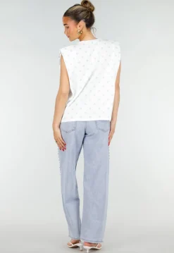Witte Mouwloze Top met Lichtblauwe Stippen en Schoudervulling