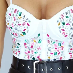 Witte Multicolor Bustier Top met Glitter Steentjes