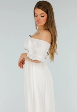 Witte Off Shoulder Maxi Jurk met Ruches en Elastische Tailleband