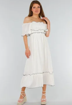 Witte Off Shoulder Maxi Jurk met Ruches en Elastische Tailleband