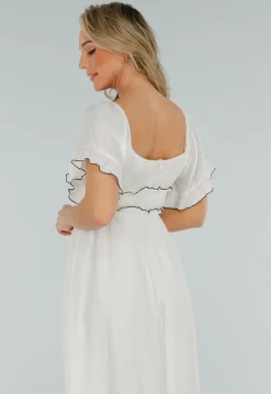 Witte Off Shoulder Maxi Jurk met Ruches en Elastische Tailleband