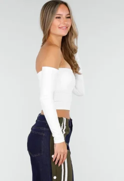 Witte Off Shoulder Top met Lange Mouwen en Stretchstof