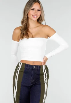 Witte Off Shoulder Top met Lange Mouwen en Stretchstof