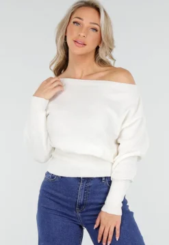 Witte One Shoulder Trui met Lange Mouwen en Stretch