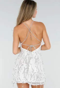 Witte Pailletten Halter Jurk met Open Rug en Kralenband
