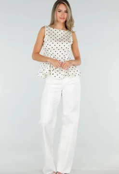 Witte Peplum Top met Zwarte Stippen en Ronde Hals