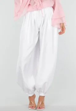 Witte Plooibroek met Elastische Boorden en Hoge Taille