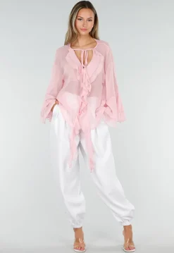 Witte Plooibroek met Elastische Boorden en Hoge Taille